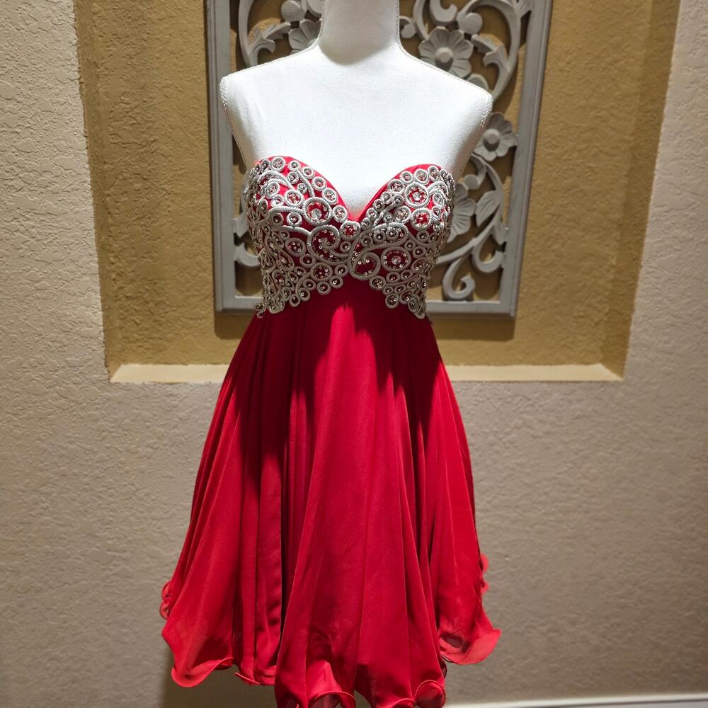 Fiesta Beaded Strapless Holiday Party Dress XS Chiffon Mini Corset Back Sparkle - Picture 3 of 10